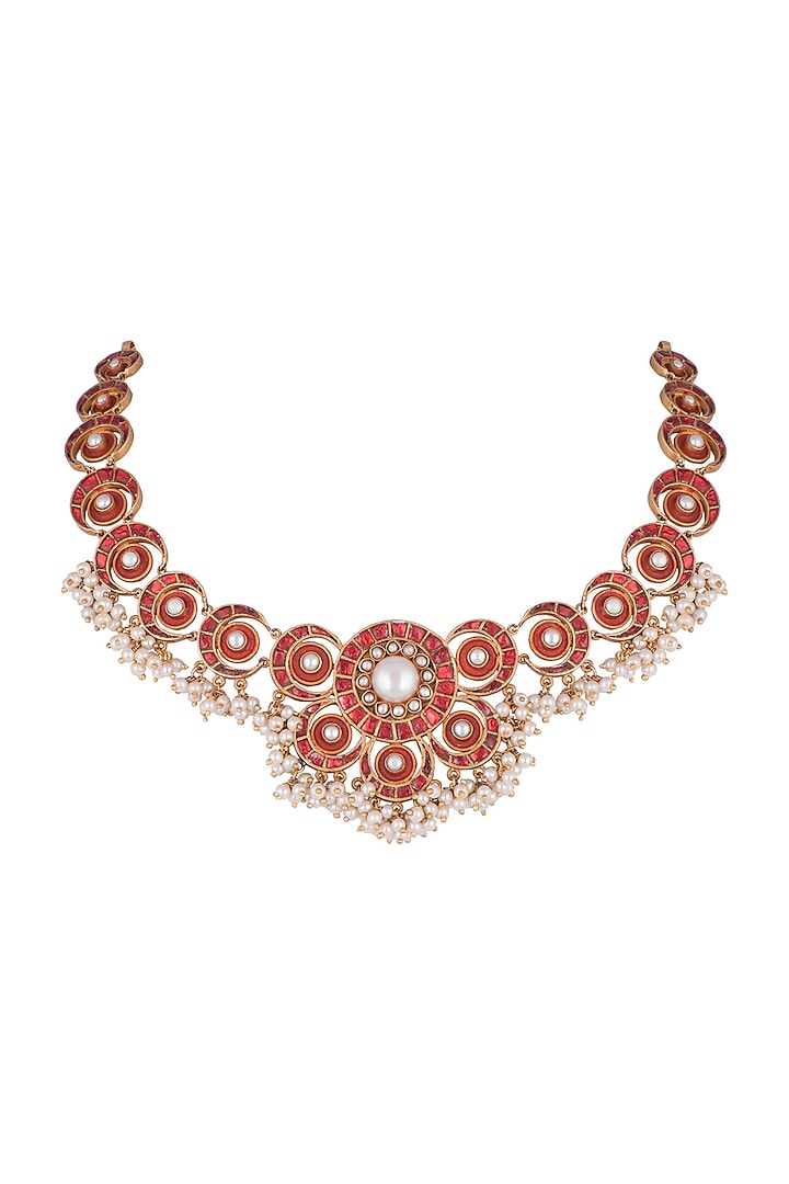 Antique Gold Finish Kundan & Pearl Red Moon Necklace by Unniyarcha at Pernia's Pop Up Shop