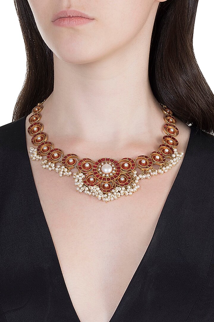 Antique Gold Finish Kundan & Pearl Red Moon Necklace by Unniyarcha at Pernia's Pop Up Shop