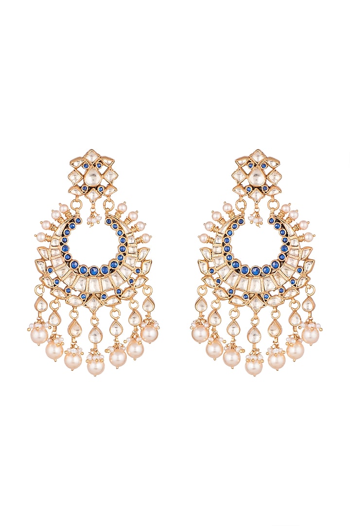Gold Finish Blue Zircon & Pearl Chandbali Earrings by Unniyarcha