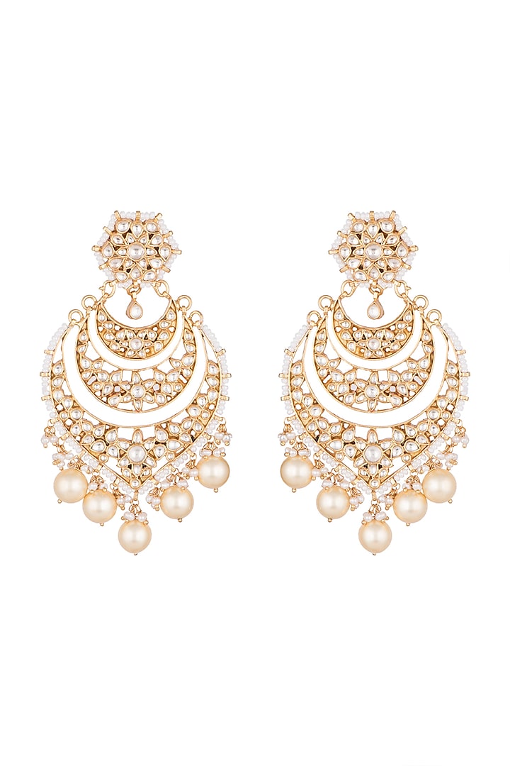 Gold Finish Kundan & Pearl Long Earrings by Unniyarcha