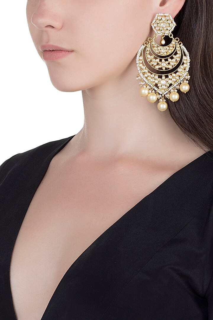 Gold Finish Kundan & Pearl Long Earrings by Unniyarcha at Pernia's Pop Up Shop