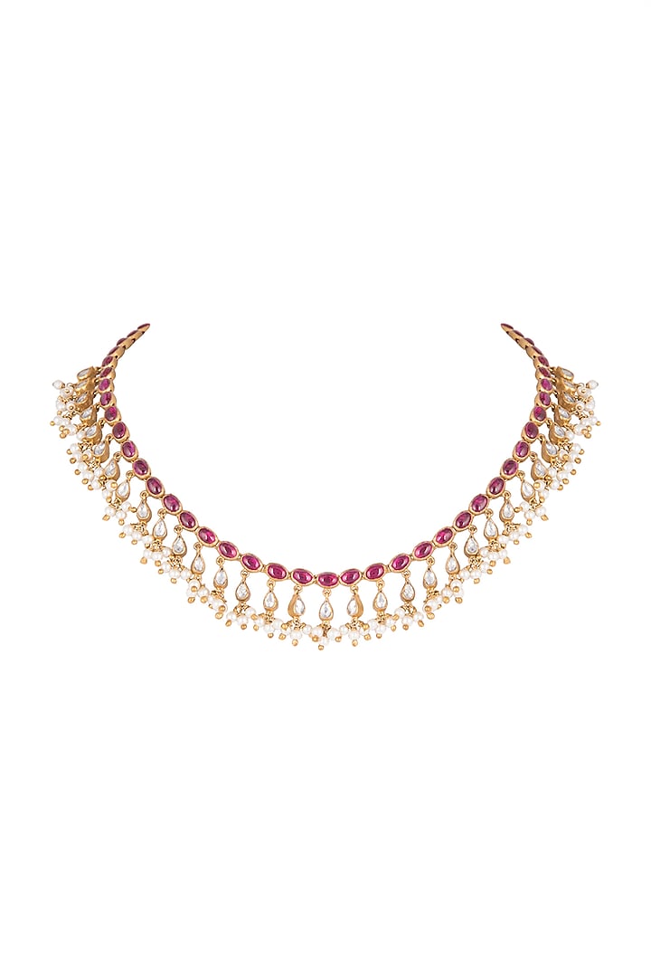 Gold Plated Pearls & Red Quartz Necklace by Unniyarcha
