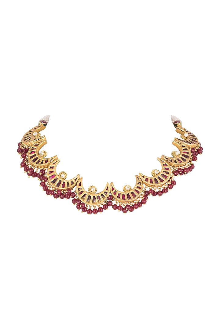 Gold Plated Red Beads & Quartz Necklace by Unniyarcha