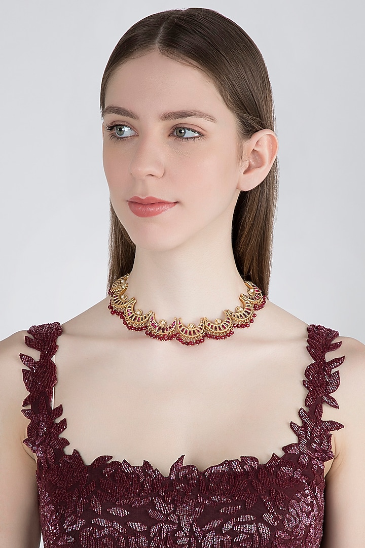 Gold Plated Red Beads & Quartz Necklace by Unniyarcha at Pernia's Pop Up Shop