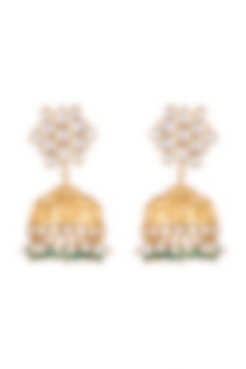 Gold Plated Green Beads Jhumka Earrings by Unniyarcha