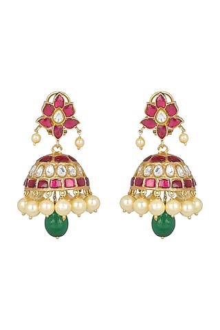 Gold Finish Green Onyx Jhumka Earrings by Unniyarcha