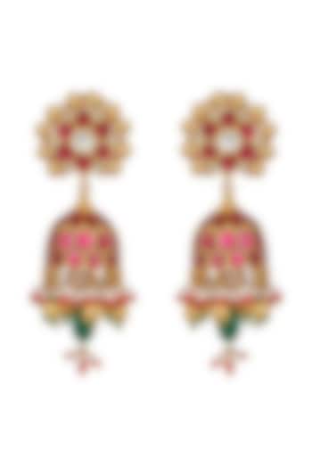 Gold Finish Red Jadau Jhumka Earrings by Unniyarcha at Pernia's Pop Up Shop
