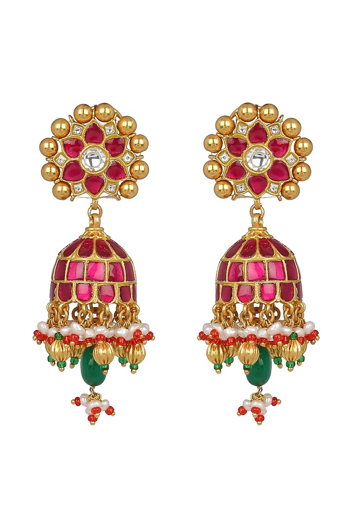 Gold Finish Red Jadau Jhumka Earrings by Unniyarcha at Pernia's Pop Up Shop