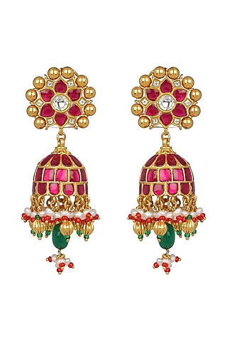 Gold Finish Red Jadau Jhumka Earrings by Unniyarcha