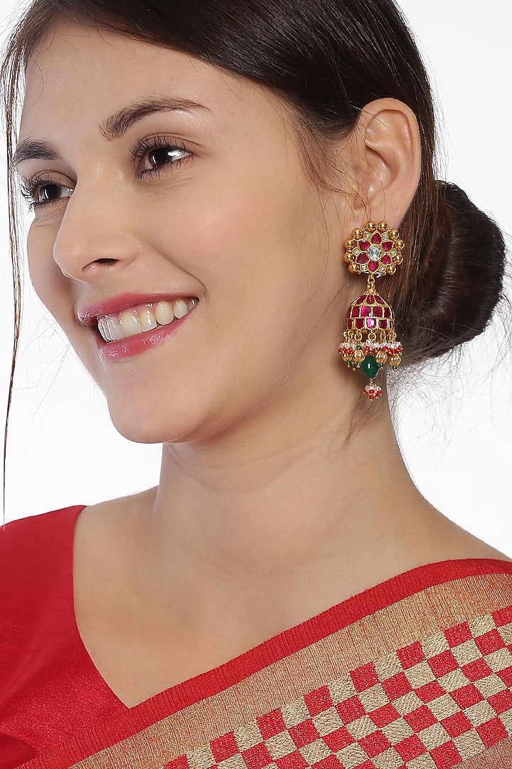 Gold Finish Red Jadau Jhumka Earrings by Unniyarcha at Pernia's Pop Up Shop