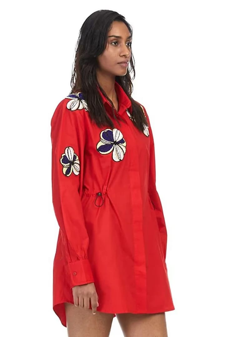 Red Cotton Embellished Mini Vacation Dress by Kanika Goyal at Pernia's Pop Up Shop