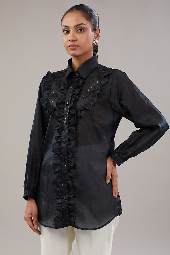 Black Organza Beads & Sequins Embroidered Frilled Shirt by NITISHA  KASHYAP at Pernia's Pop Up Shop