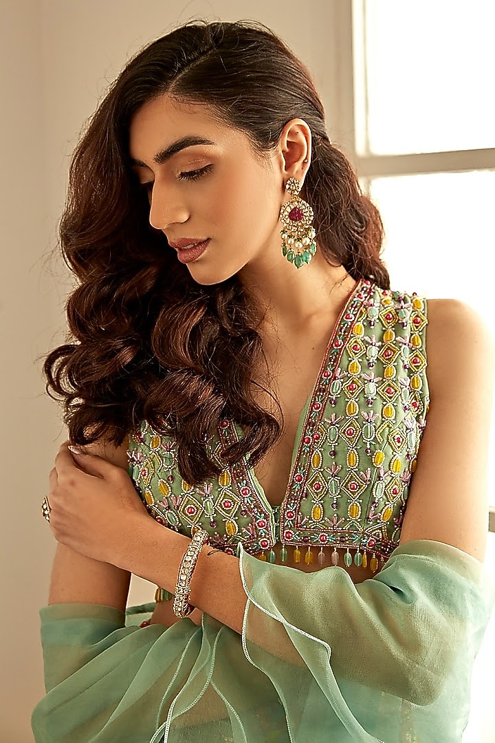 Sea Green Organza Embroidered Wedding Lehenga Set by Studio Iris at Pernia's Pop Up Shop
