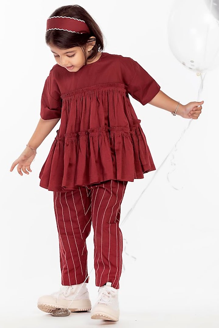 Crimson Red Embroidered Co-ord Set For Girls by Three Kidswear
