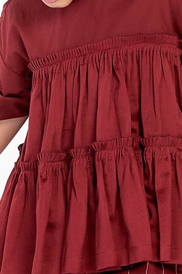 Crimson Red Embroidered Co-ord Set For Girls by Three Kidswear at Pernia's Pop Up Shop