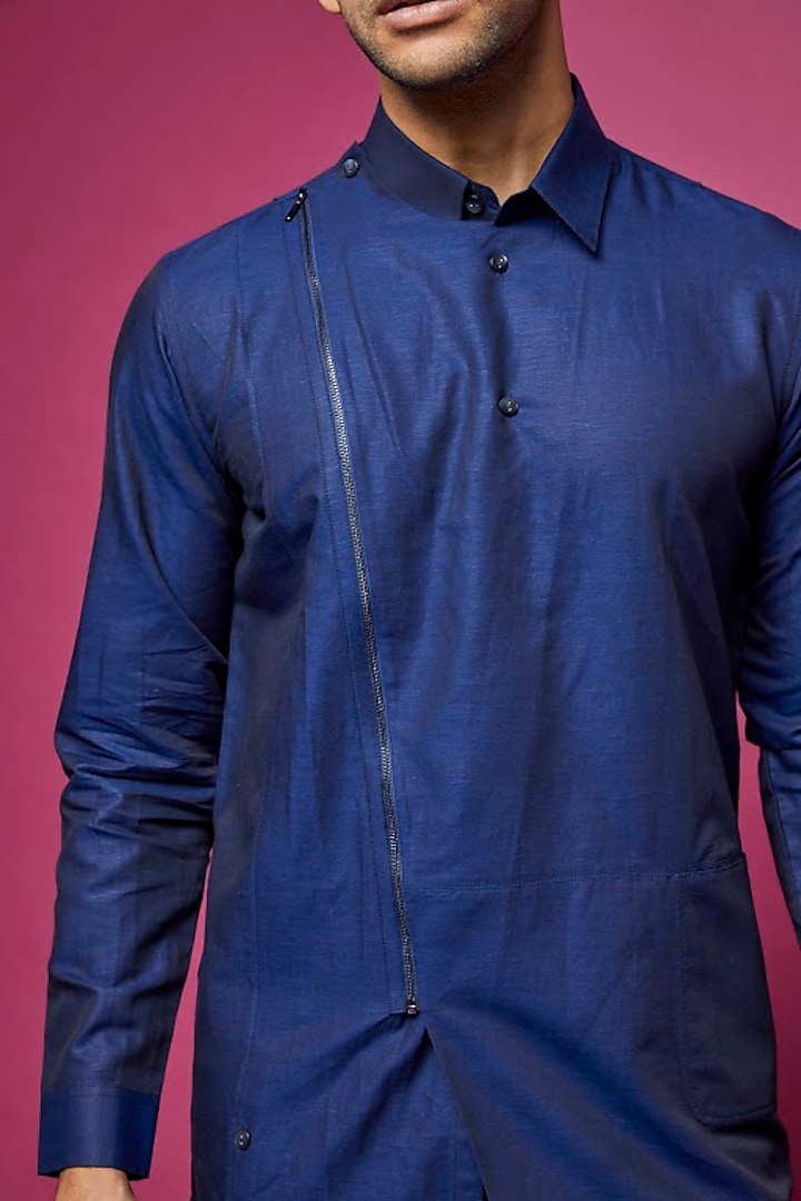 Blue Cotton Wedding Shirt by Rohit Gandhi & Rahul Khanna Men at Pernia's Pop Up Shop