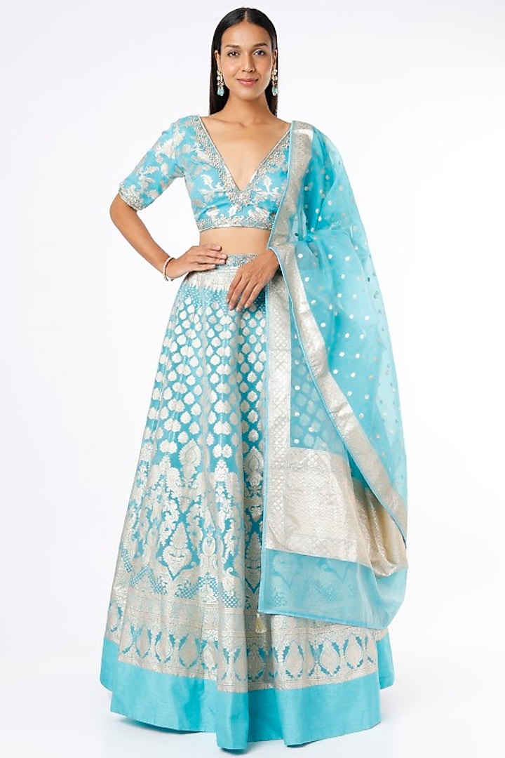 Sky Blue Embroidered Wedding Lehenga Set by Neha khullar at Pernia's Pop Up Shop