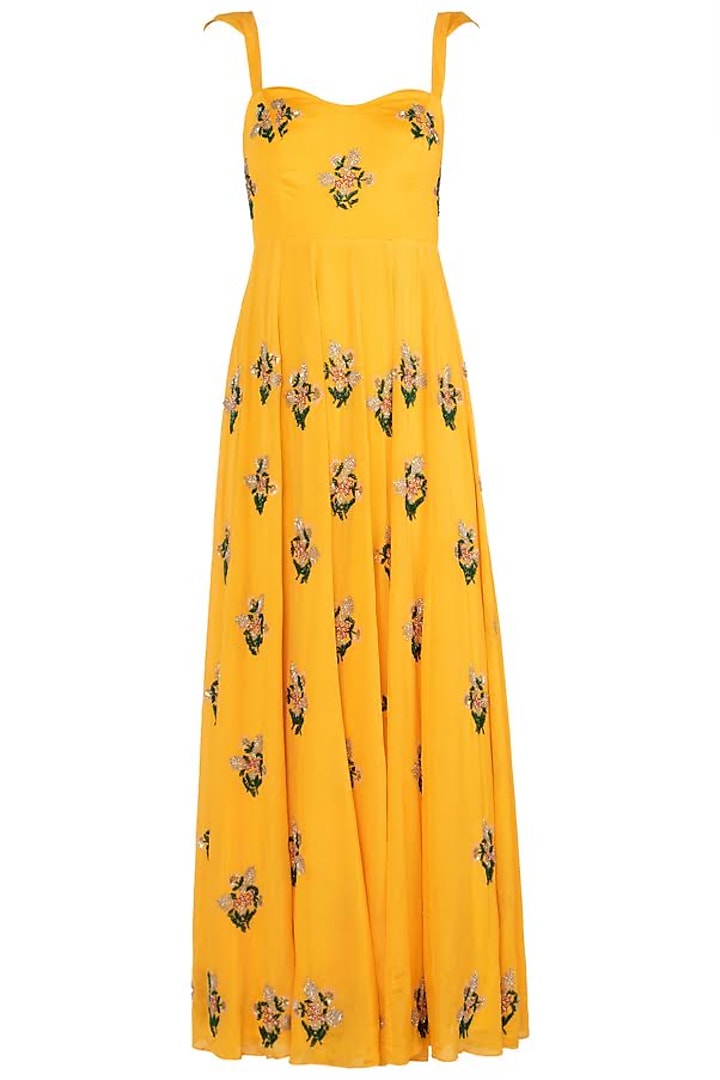 Yellow Floral Embroidered Anarkali Gown Set by Ease