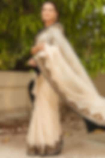 Beige & Black Silk Organza Applique Embroidered Wedding Saree Set by Priyal Prakash at Pernia's Pop Up Shop