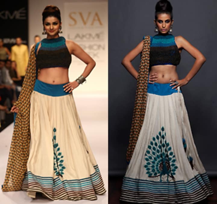 Off white resham work peacock ghaghra set available only at Pernias pop-up shop.