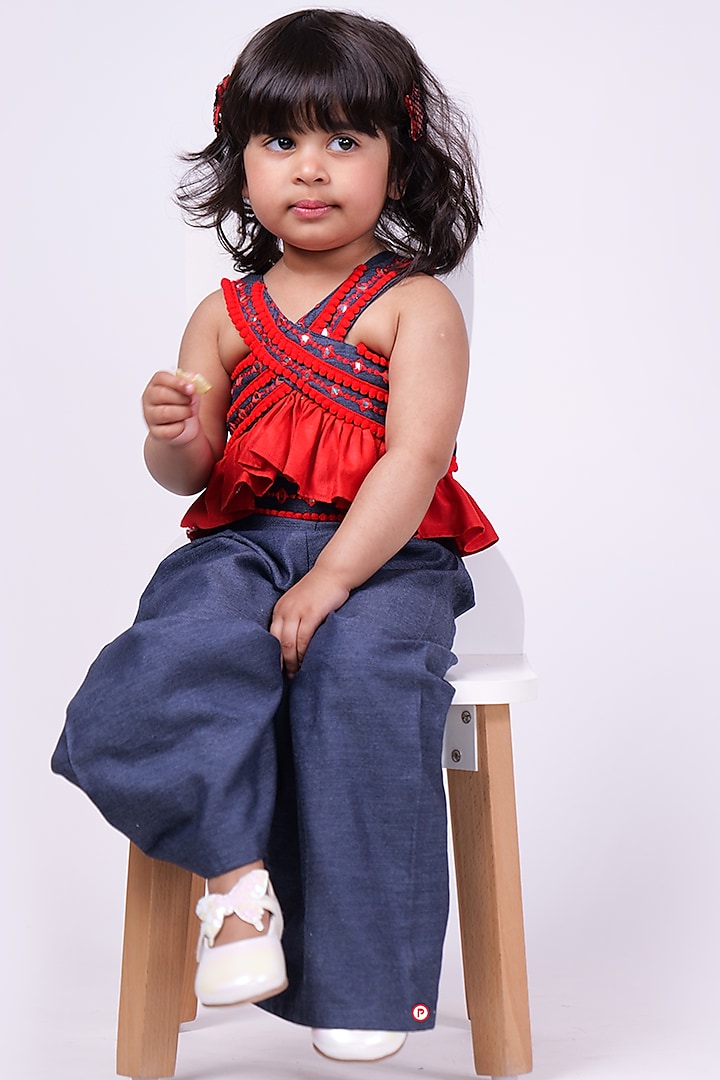 Red & Blue Cotton Embroidered Co-Ord Set For Girls by PiccoRicco at Pernia's Pop Up Shop