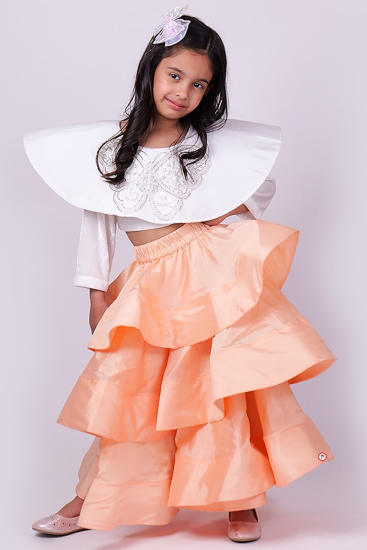 Apricot Taffeta Silk Ruffled Lehenga Set For Girls by PiccoRicco at Pernia's Pop Up Shop