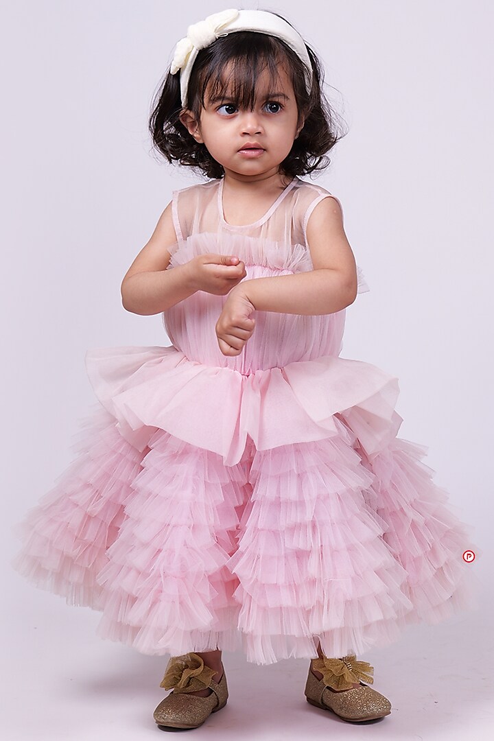 Baby Pink Net Frilled Dress For Girls by PiccoRicco at Pernia's Pop Up Shop