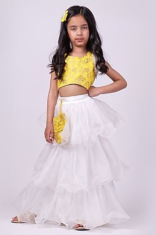 White Net Satin & Organza Layered Lehenga Set For Girls by PiccoRicco
