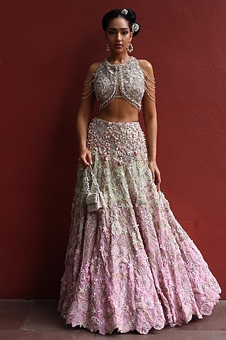 Pastel Green & Peppermint Pink Chiffon Crystal Embroidered Lehenga Set by MOLEDRO