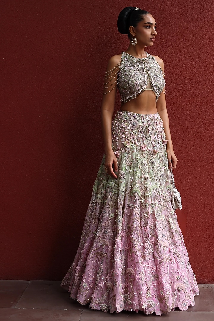 Pastel Green & Peppermint Pink Chiffon Crystal Embroidered Bridal Lehenga Set by MOLEDRO at Pernia's Pop Up Shop