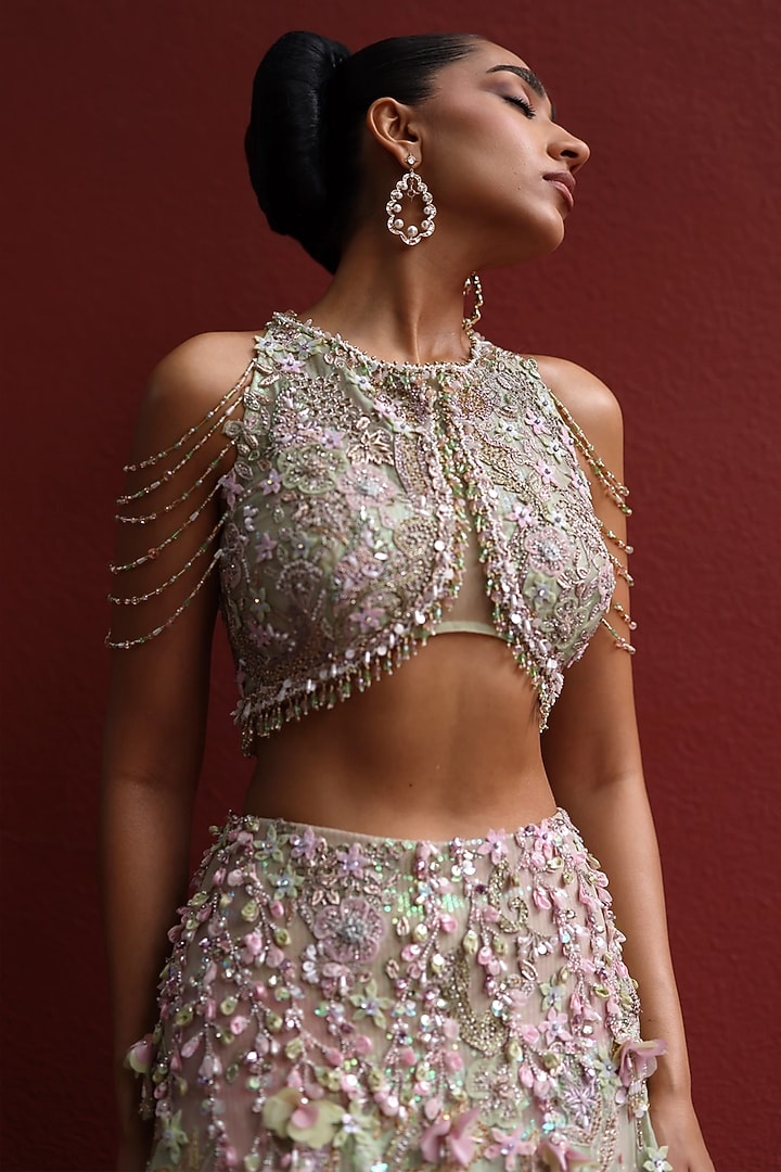 Pastel Green & Peppermint Pink Chiffon Crystal Embroidered Bridal Lehenga Set by MOLEDRO at Pernia's Pop Up Shop
