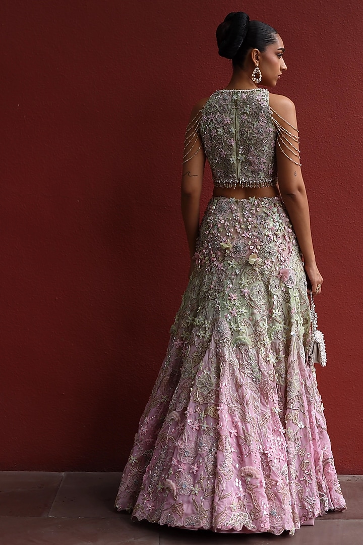Pastel Green & Peppermint Pink Chiffon Crystal Embroidered Bridal Lehenga Set by MOLEDRO at Pernia's Pop Up Shop