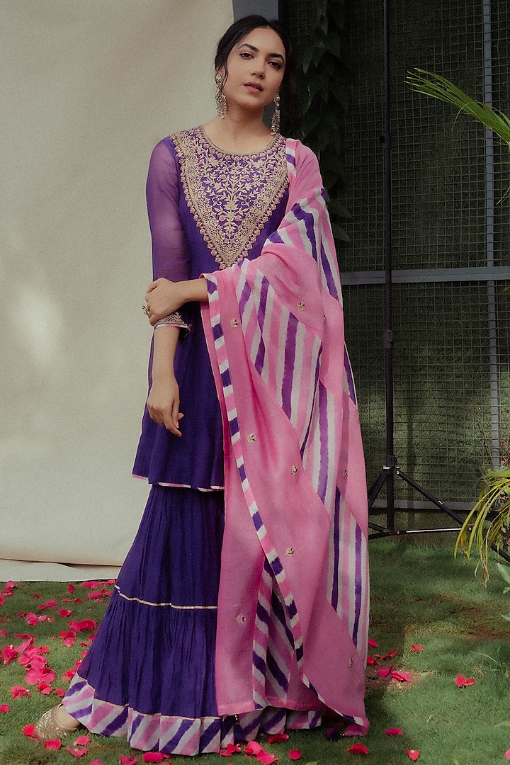 Purple Silk Chanderi Gharara Set by Pink City By Sarika at Pernia's Pop Up Shop