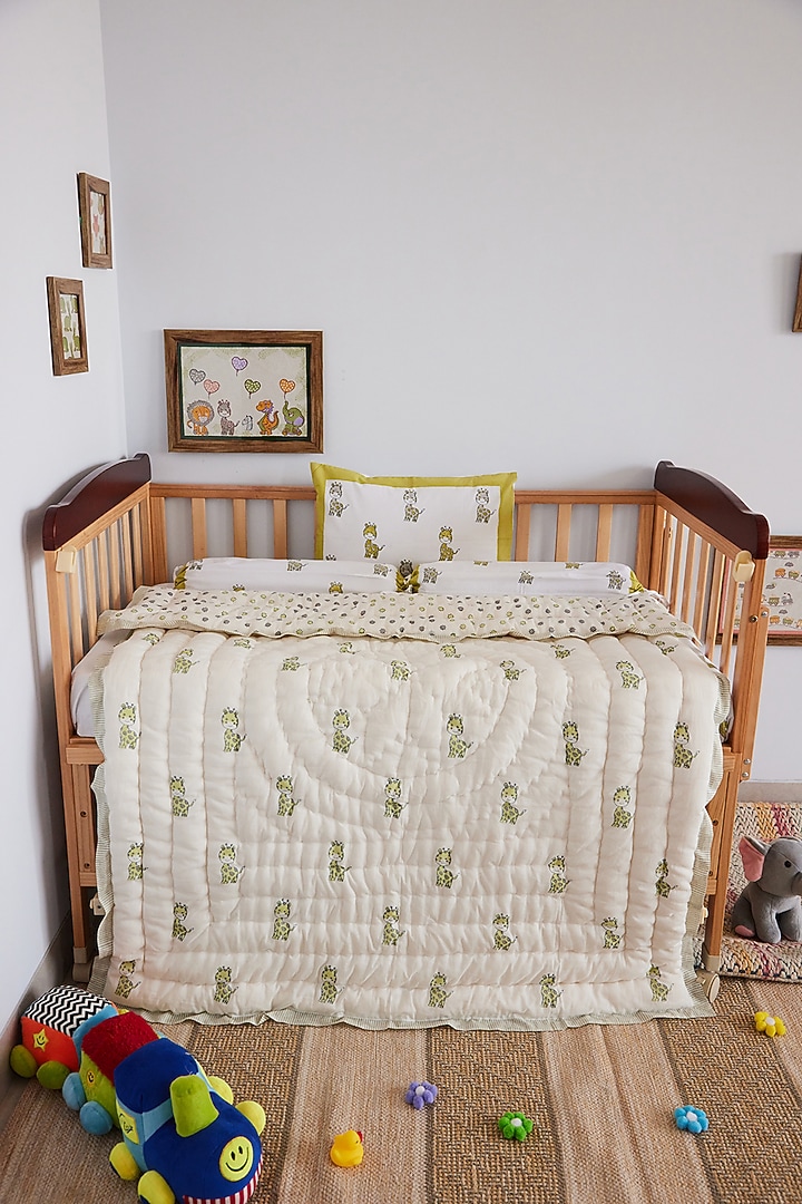 White Muslin Pure Cotton World Of Giraffe Hand Block Printed Baby Quilt by Adya Kids at Pernia's Pop Up Shop