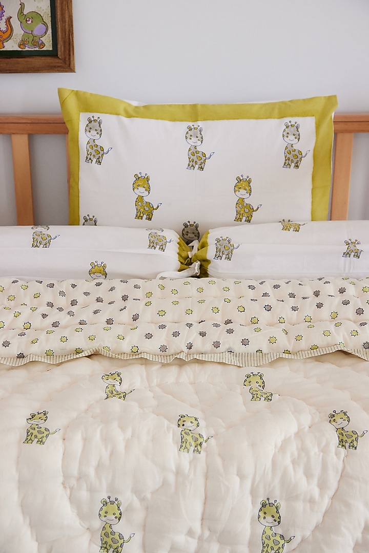White Muslin Pure Cotton World Of Giraffe Hand Block Printed Baby Quilt by Adya Kids at Pernia's Pop Up Shop