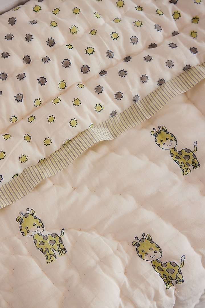 White Muslin Pure Cotton World Of Giraffe Hand Block Printed Baby Quilt by Adya Kids at Pernia's Pop Up Shop