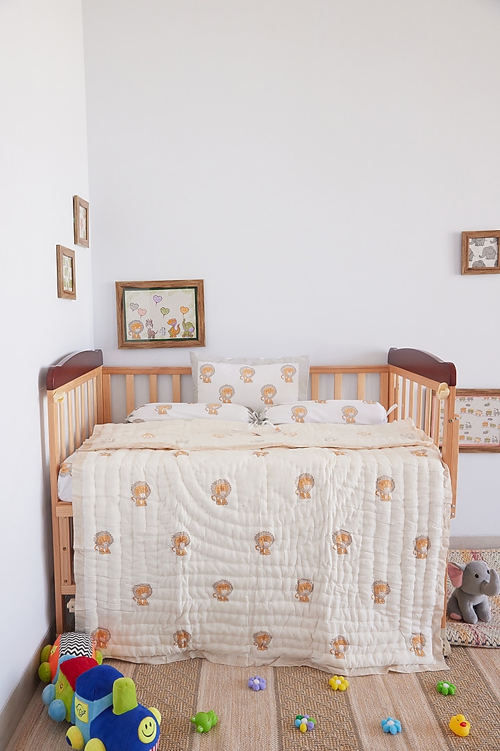 White Muslin Pure Cotton Lion King Hand Block Printed Baby Quilt by Adya Kids at Pernia's Pop Up Shop