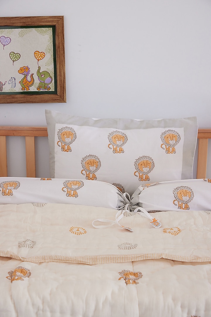 White Muslin Pure Cotton Lion King Hand Block Printed Baby Quilt by Adya Kids at Pernia's Pop Up Shop