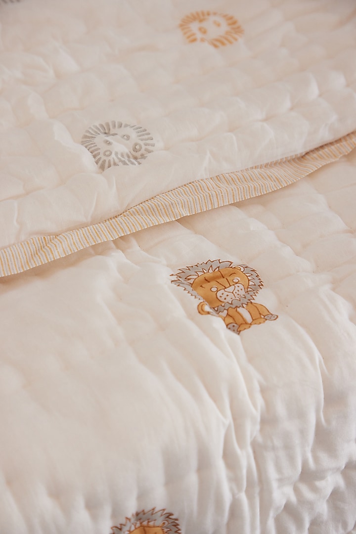 White Muslin Pure Cotton Lion King Hand Block Printed Baby Quilt by Adya Kids at Pernia's Pop Up Shop