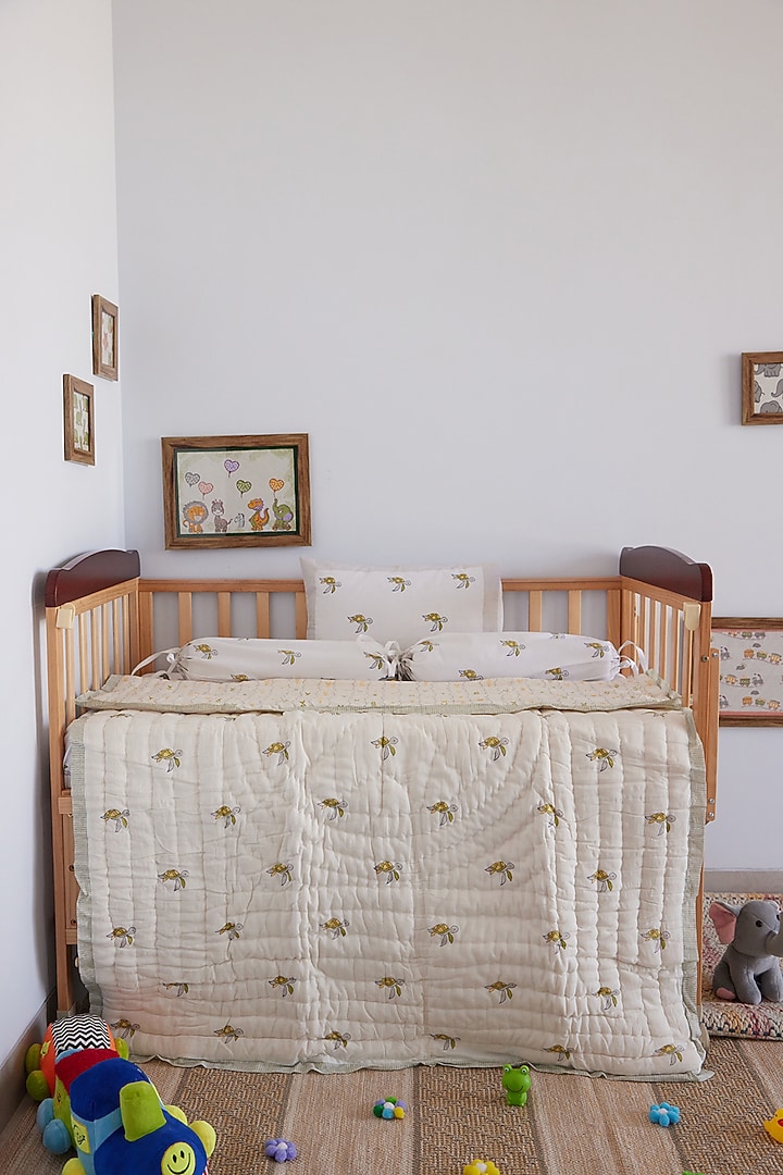 White Muslin Pure Cotton Tiny Turtle Hand Block Printed Baby Quilt by Adya Kids at Pernia's Pop Up Shop