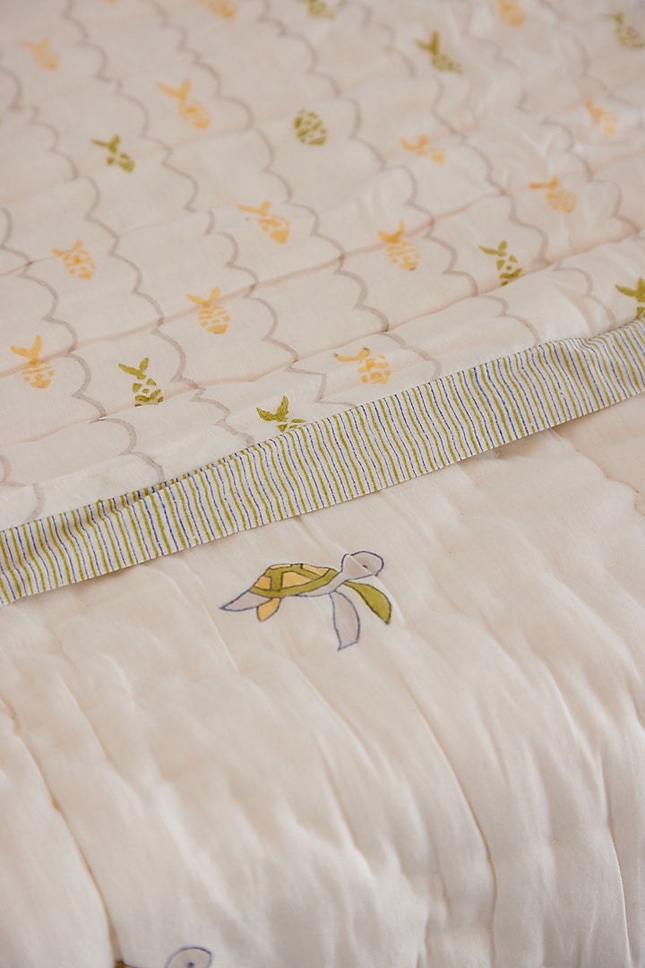 White Muslin Pure Cotton Tiny Turtle Hand Block Printed Baby Quilt by Adya Kids at Pernia's Pop Up Shop