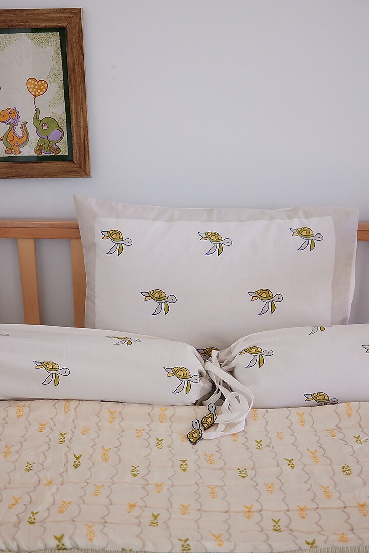 White Muslin Pure Cotton Tiny Turtle Hand Block Printed Baby Quilt by Adya Kids at Pernia's Pop Up Shop