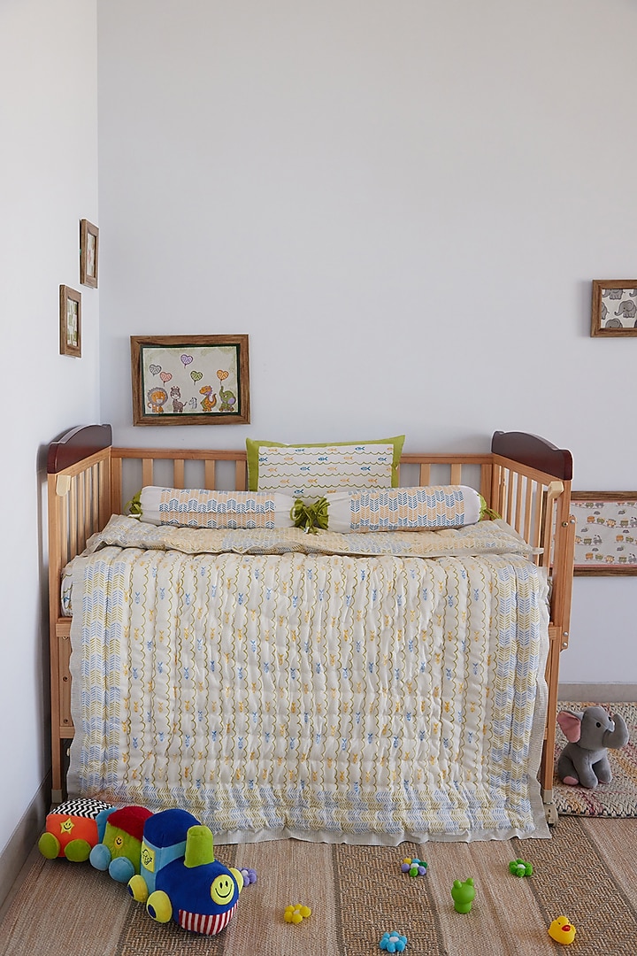 White Muslin Pure Cotton Funky Fish Hand Block Printed Baby Quilt by Adya Kids at Pernia's Pop Up Shop
