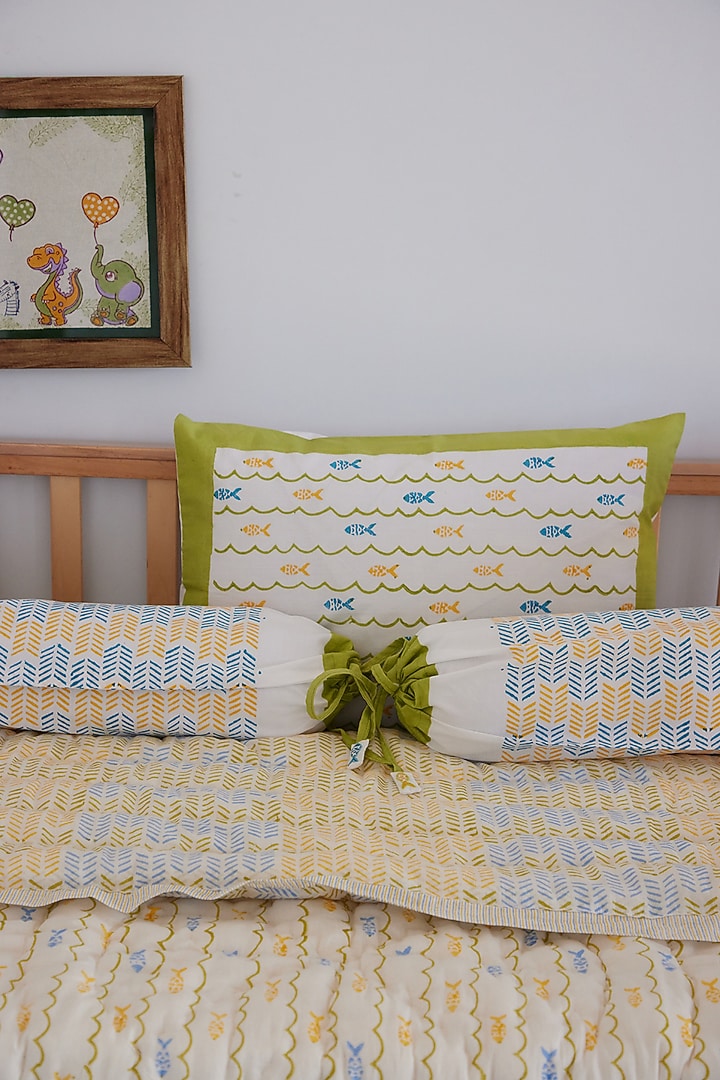 White Muslin Pure Cotton Funky Fish Hand Block Printed Baby Quilt by Adya Kids at Pernia's Pop Up Shop
