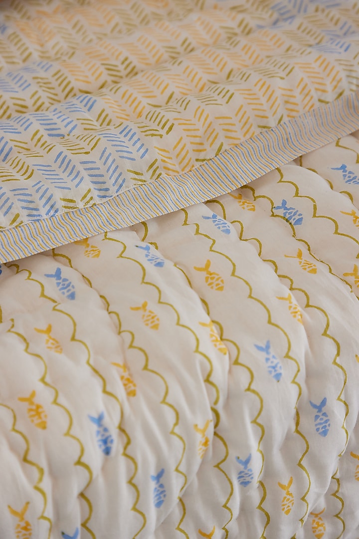 White Muslin Pure Cotton Funky Fish Hand Block Printed Baby Quilt by Adya Kids at Pernia's Pop Up Shop