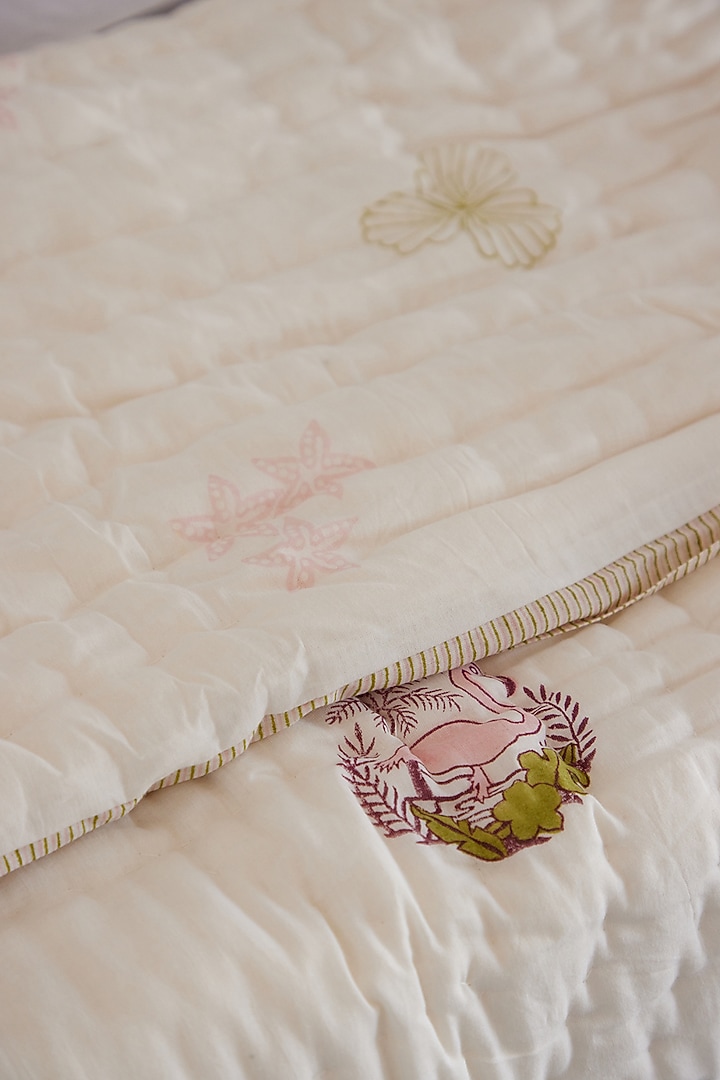 White Muslin Pure Cotton Turtle Hand Block Printed Baby Quilt by Adya Kids at Pernia's Pop Up Shop