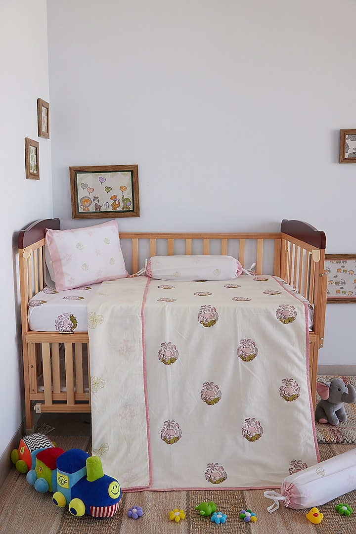 White Muslin Pure Cotton Turtle Hand Block Printed Baby Quilt by Adya Kids at Pernia's Pop Up Shop