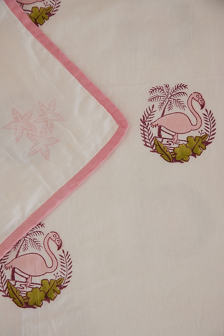 White Muslin Cotton Flamingo Hand Block Printed Baby Dohar by Adya Kids at Pernia's Pop Up Shop