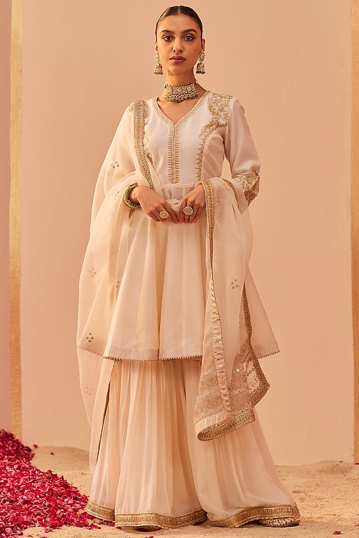 Daisy Ivory Silk Chanderi Tilla Embroidered Gharara Set by Sheetal Batra
