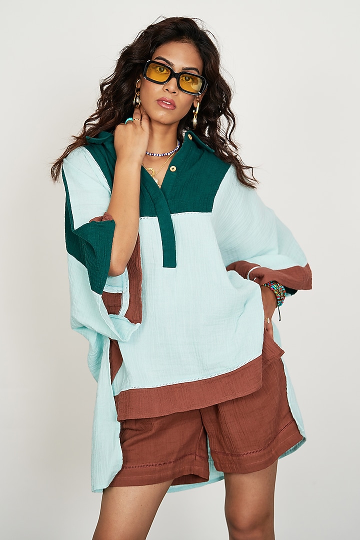Aqua Glass Natural Cotton Gauze Color-Blocked Co-Ord Set by Spacelines at Pernia's Pop Up Shop